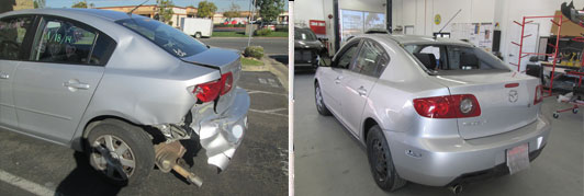 Original before-and-after photos of a silver sedan’s collision damage and completed repair